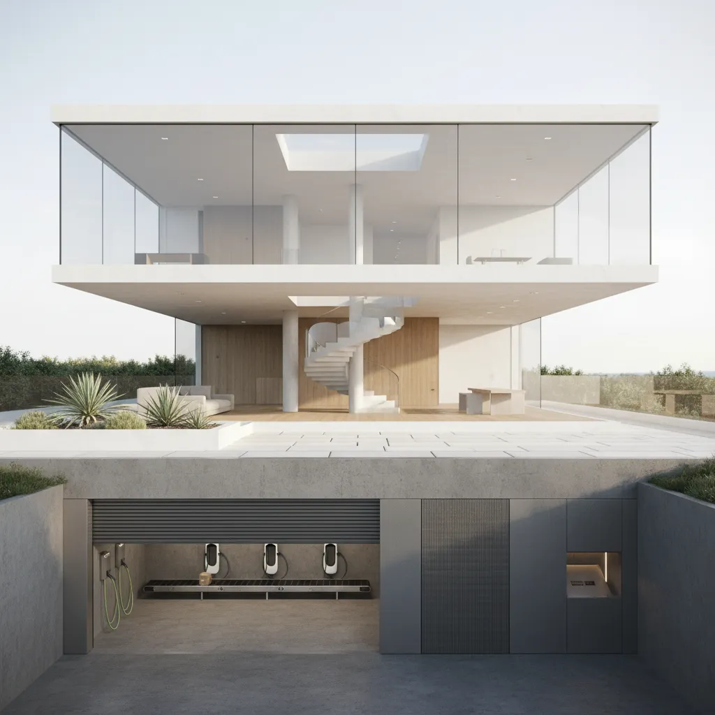 Modern white home with glass walls spiral stairs wooden floors and underground electric car garage