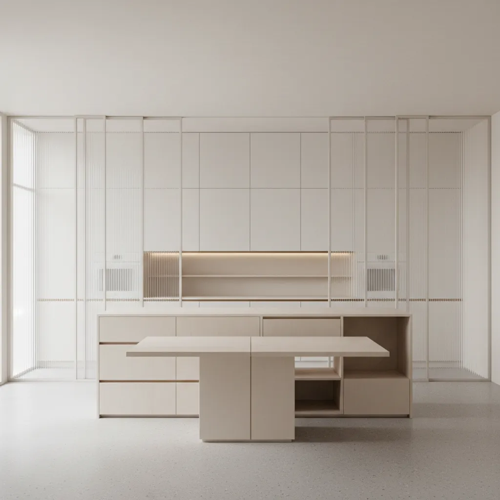 Modern cream kitchen with wooden dining table and fluted glass partitions in minimalist interior design