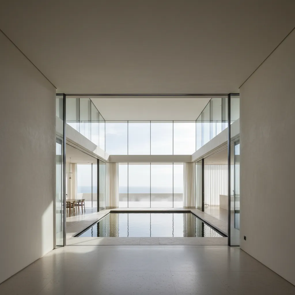 Minimalist modern interior design with indoor pool large glass walls sea view and natural light