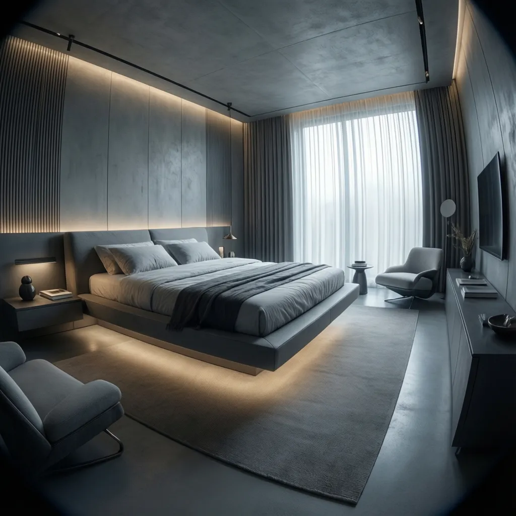 Dormitorio minimalista con estilo futurista