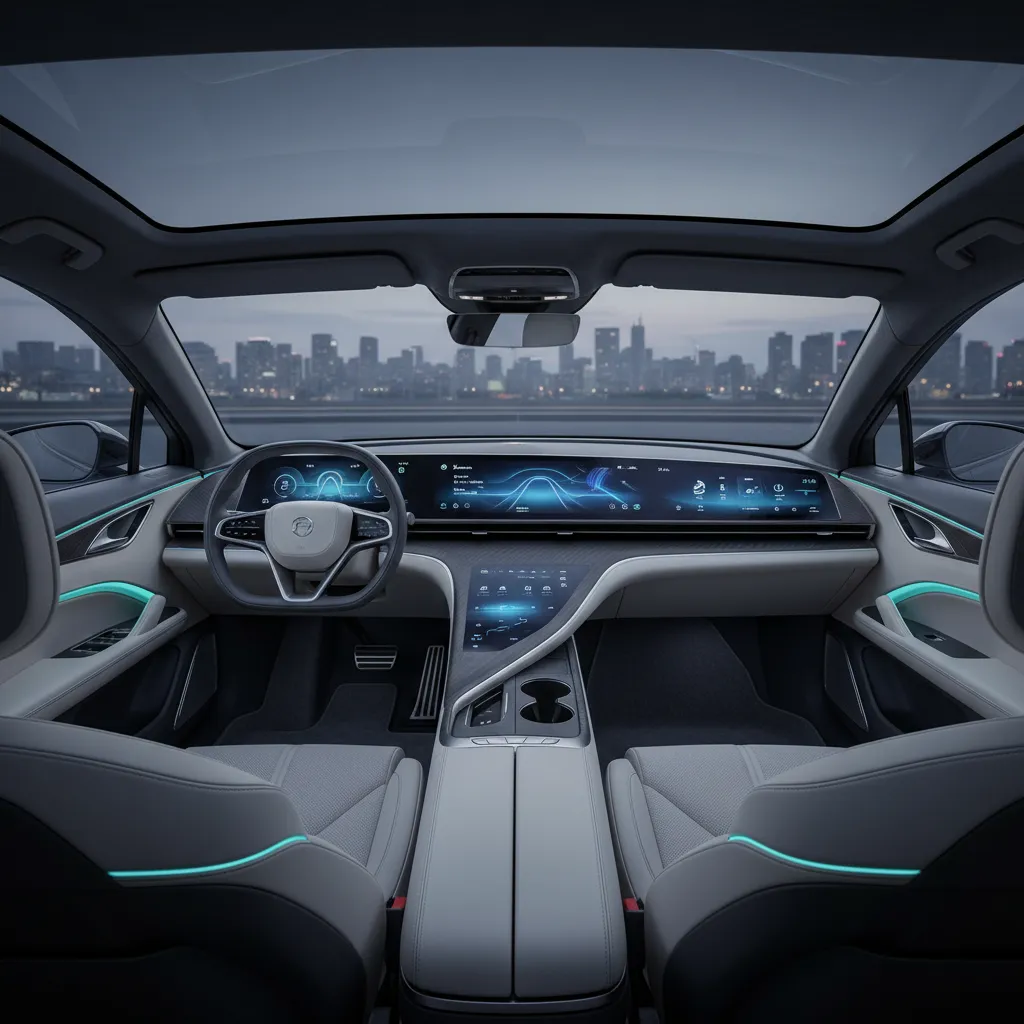Interior futurista de coche con pantalla panorámica