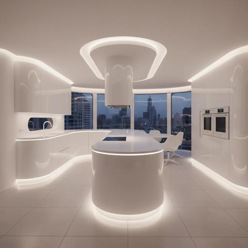Cocina futurista con encimeras curvas y superficies continuas