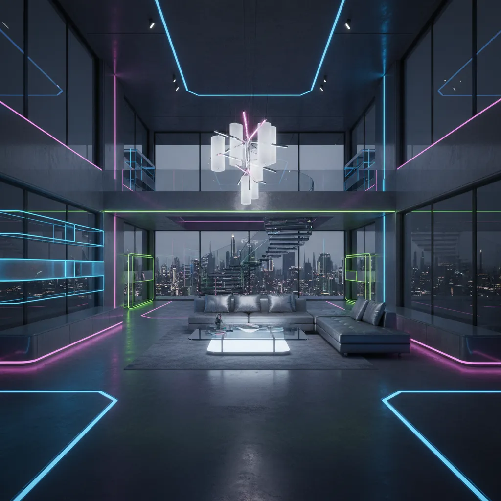 Espacio interior futurista con iluminación de colores