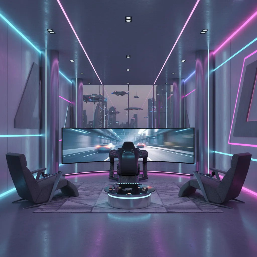 Futuristic luxury home gaming room with simulator and immersive displays