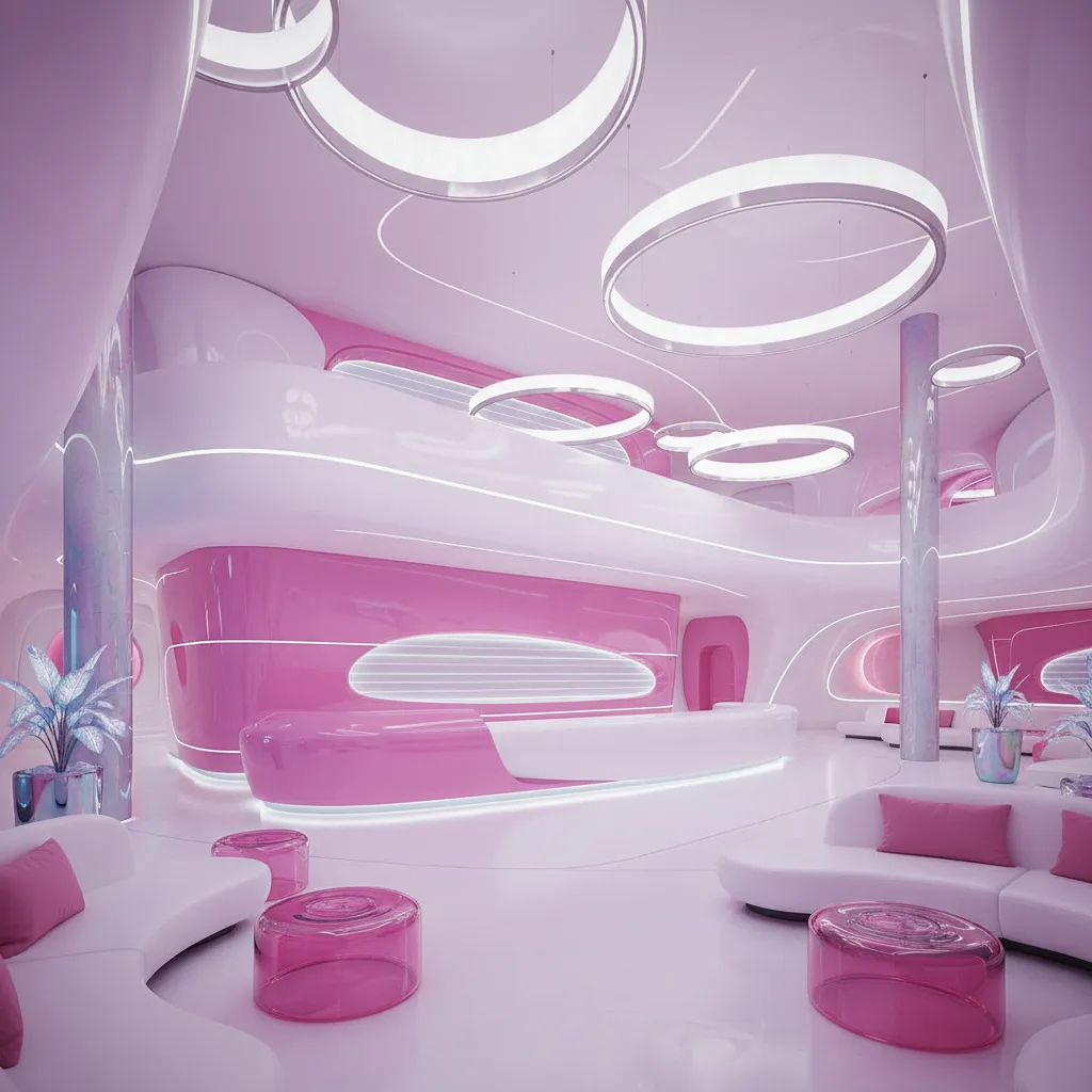 Lobby de hotel futurista con iluminación integrada y mobiliario curvo