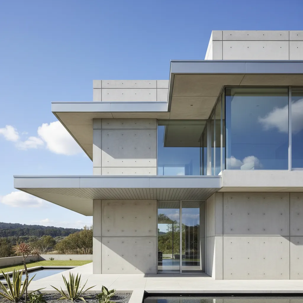 Fachada moderna con hormigón arquitectónico y vidrio