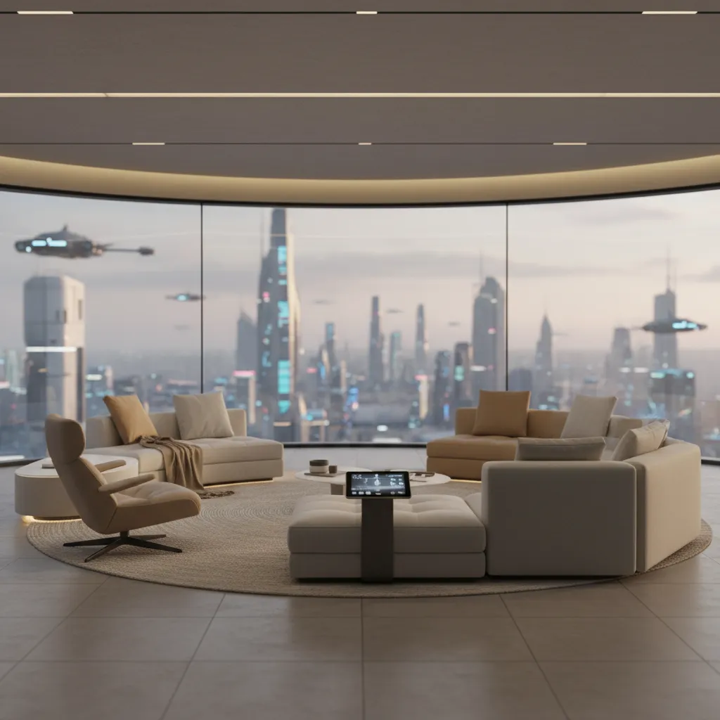 Salón futurista con mobiliario modular y grandes ventanas
