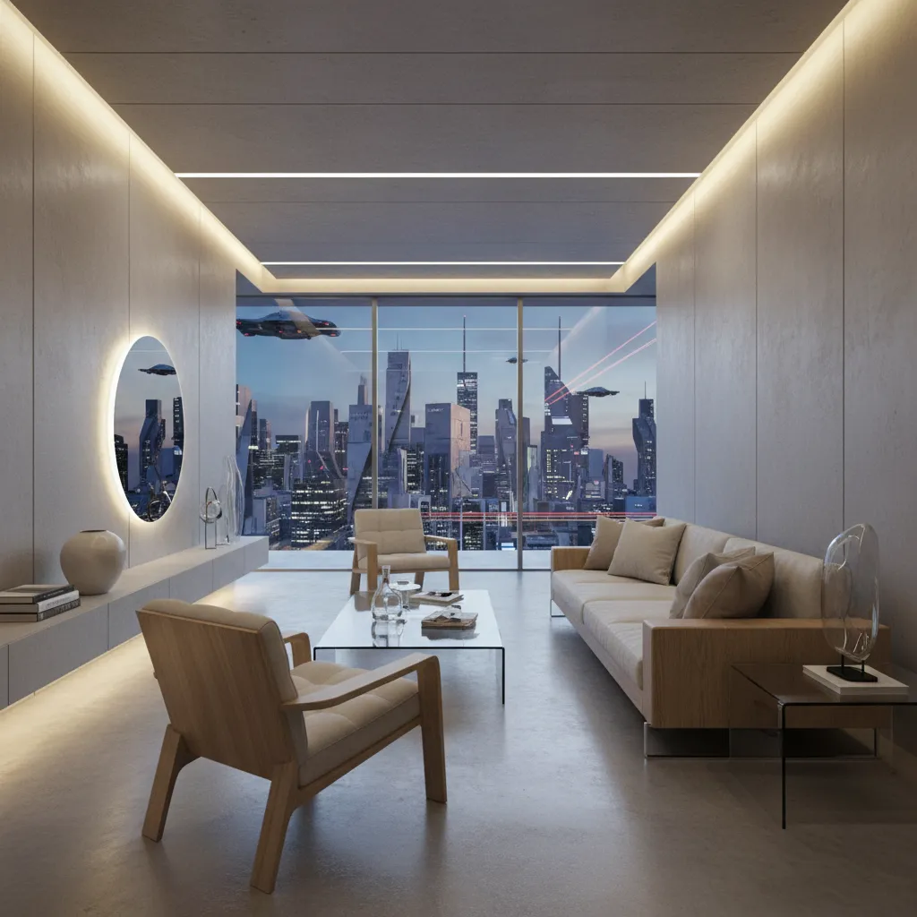 Salón futurista con iluminación LED indirecta y muebles minimalistas