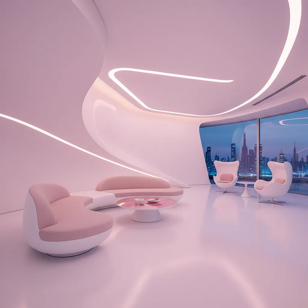 Modern pink lounge with curved sofa, white chairs, soft light strips, and large city view