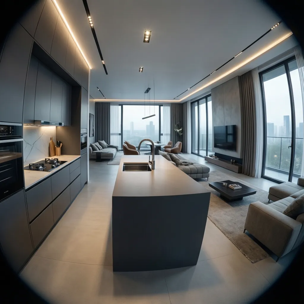 Distribución abierta en casa futurista con cocina integrada