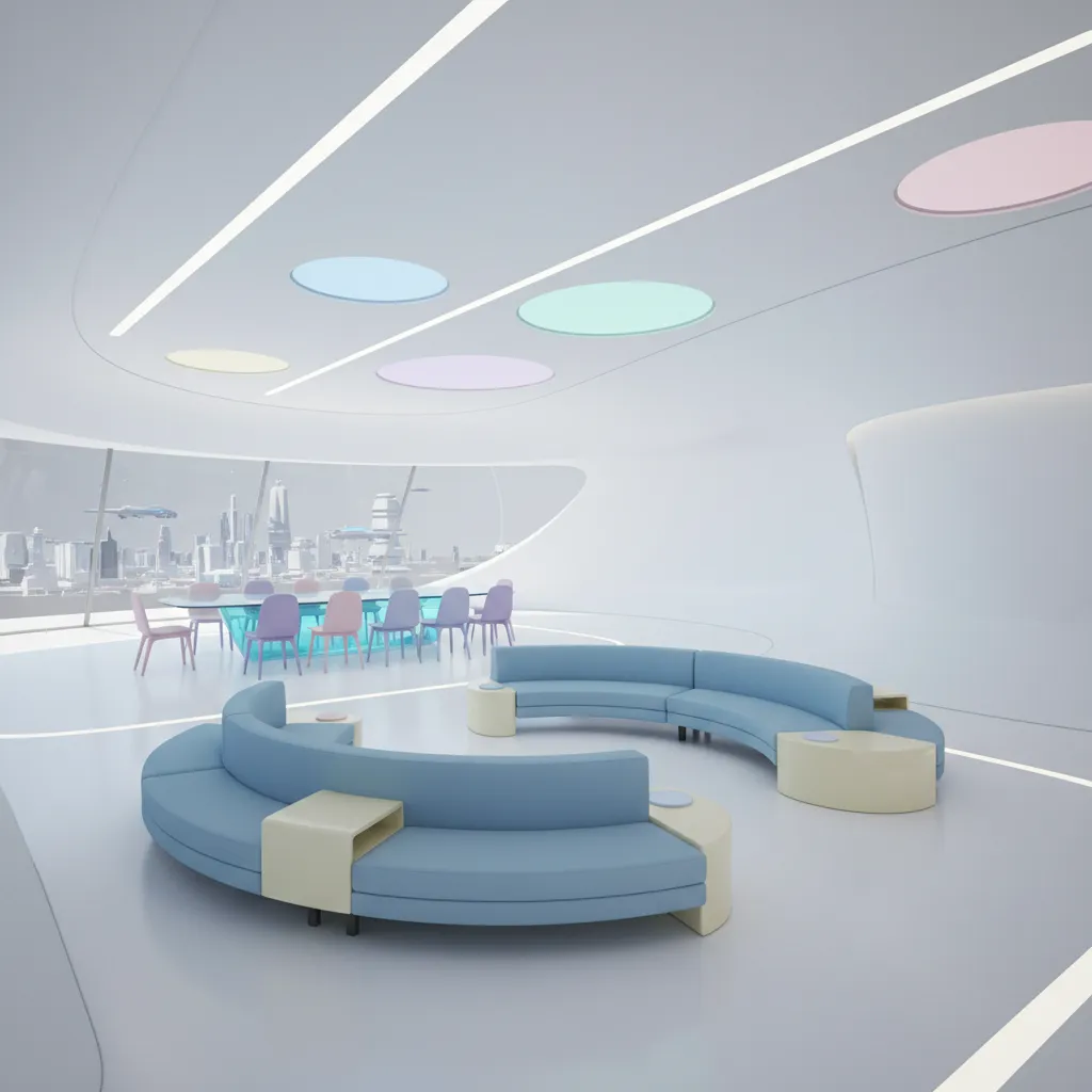 Modern futuristic open space living room with large blue curved sofa and colorful dining chairs