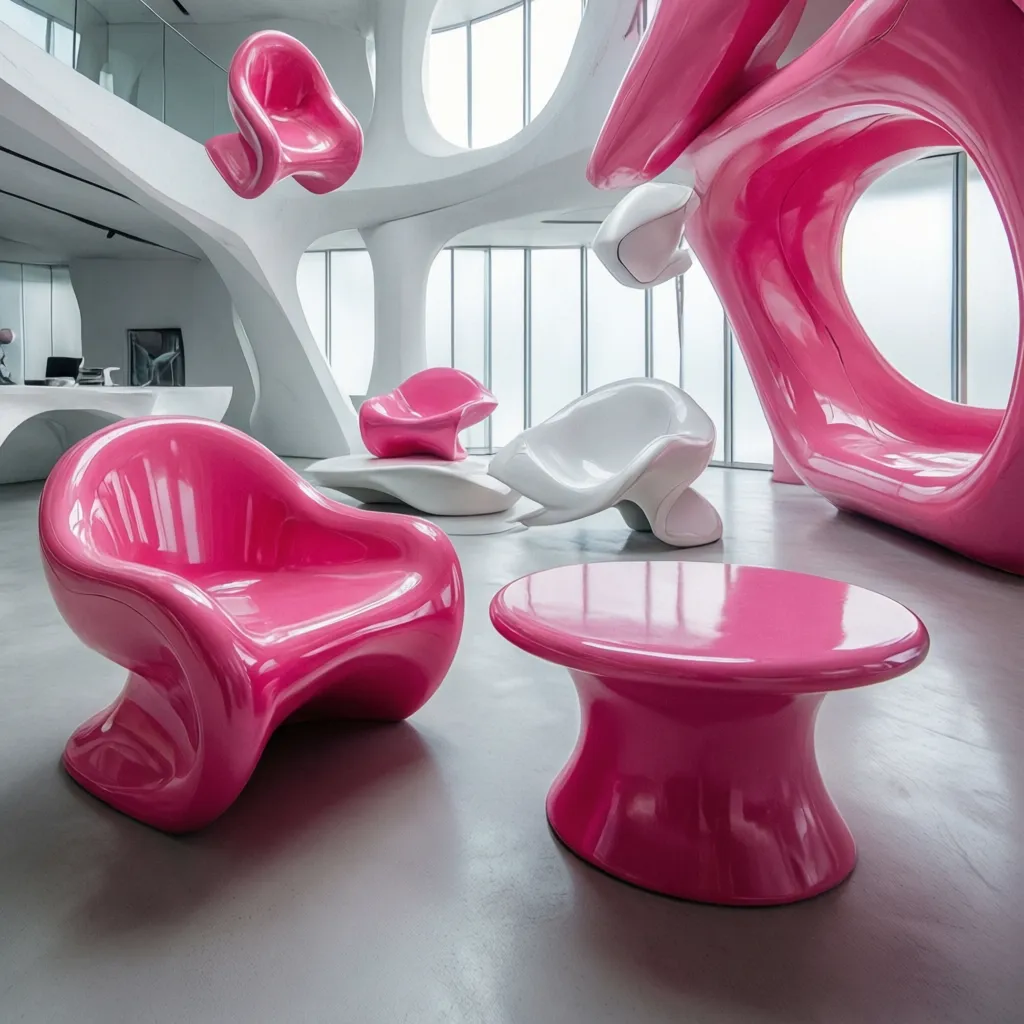 Muebles futuristas de formas orgánicas en interior contemporáneo