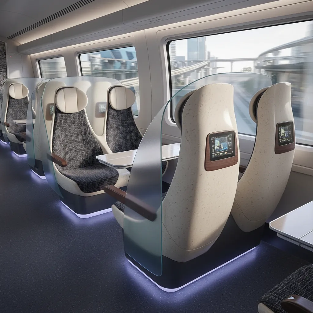 Asientos futuristas de tren con diseño ergonómico y materiales modernos