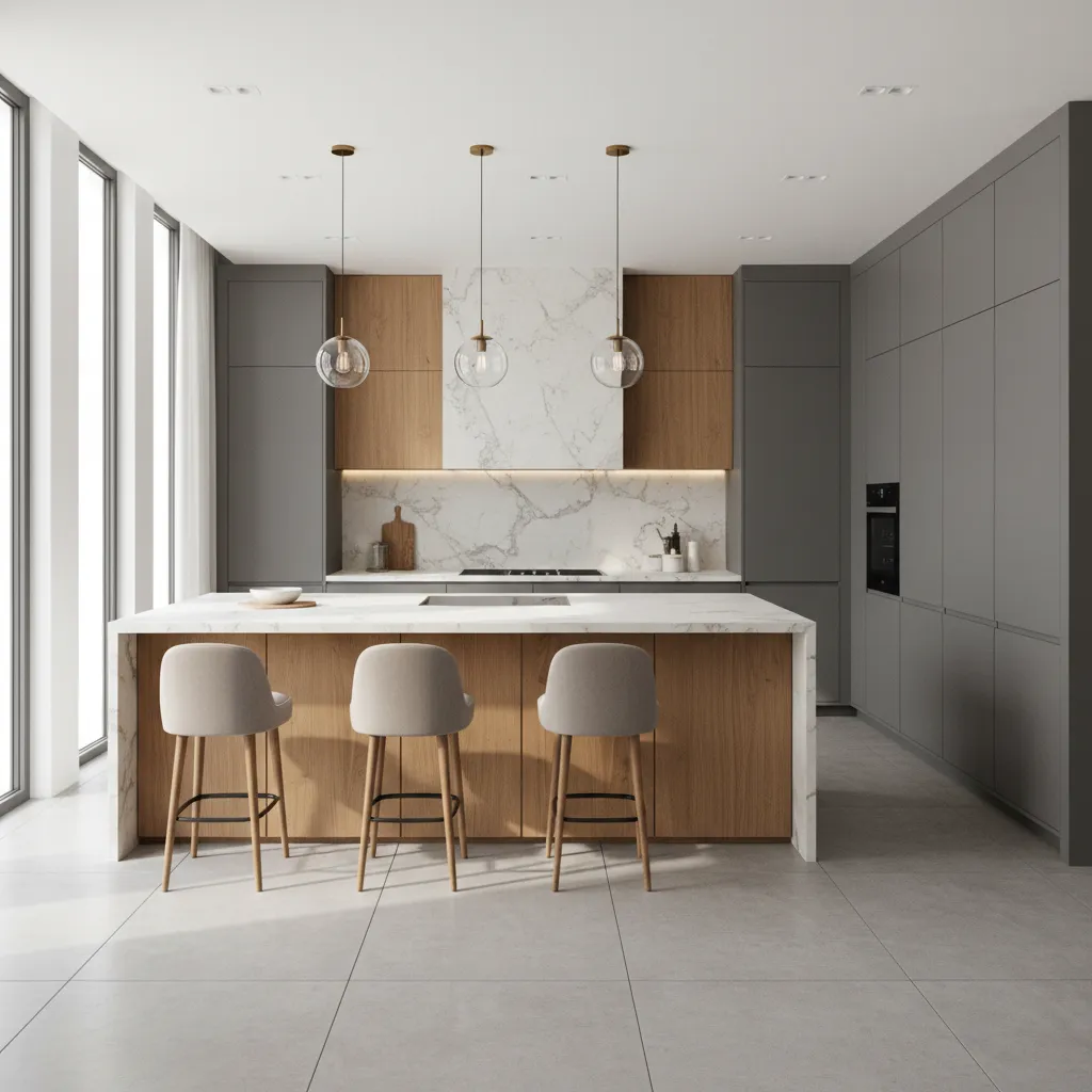 modern g shaped kitchen render with balanced circulation space