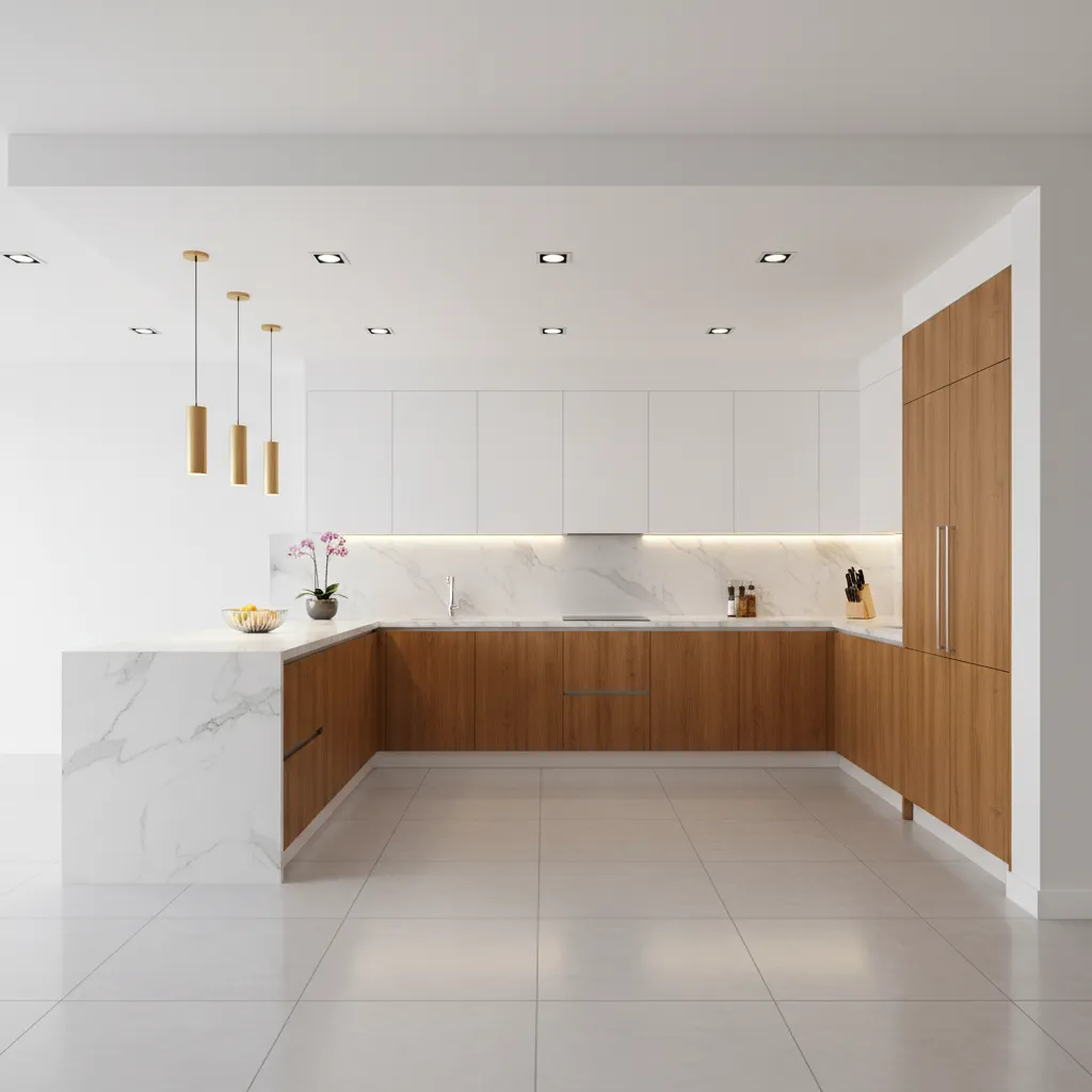 bright modern g shaped kitchen with peninsula workspace