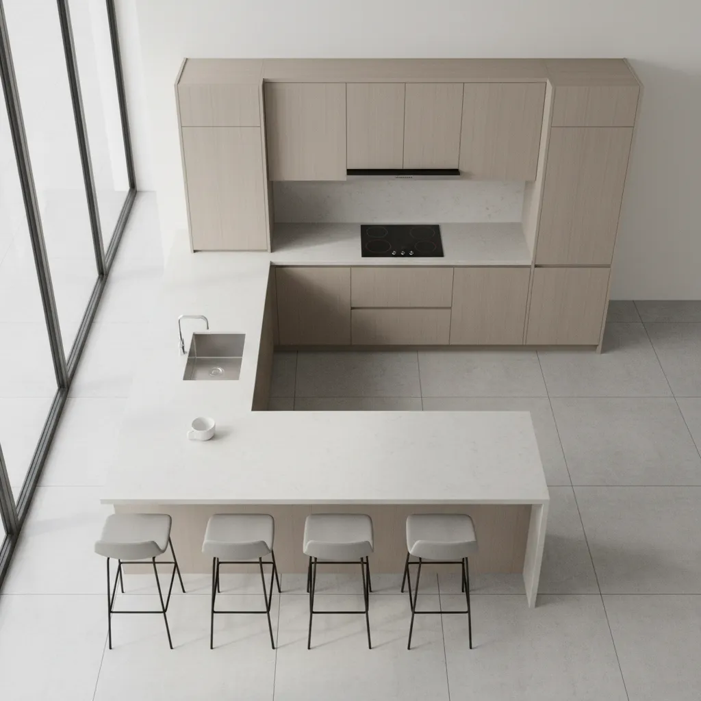 top perspective of g shaped kitchen with peninsula workflow zones