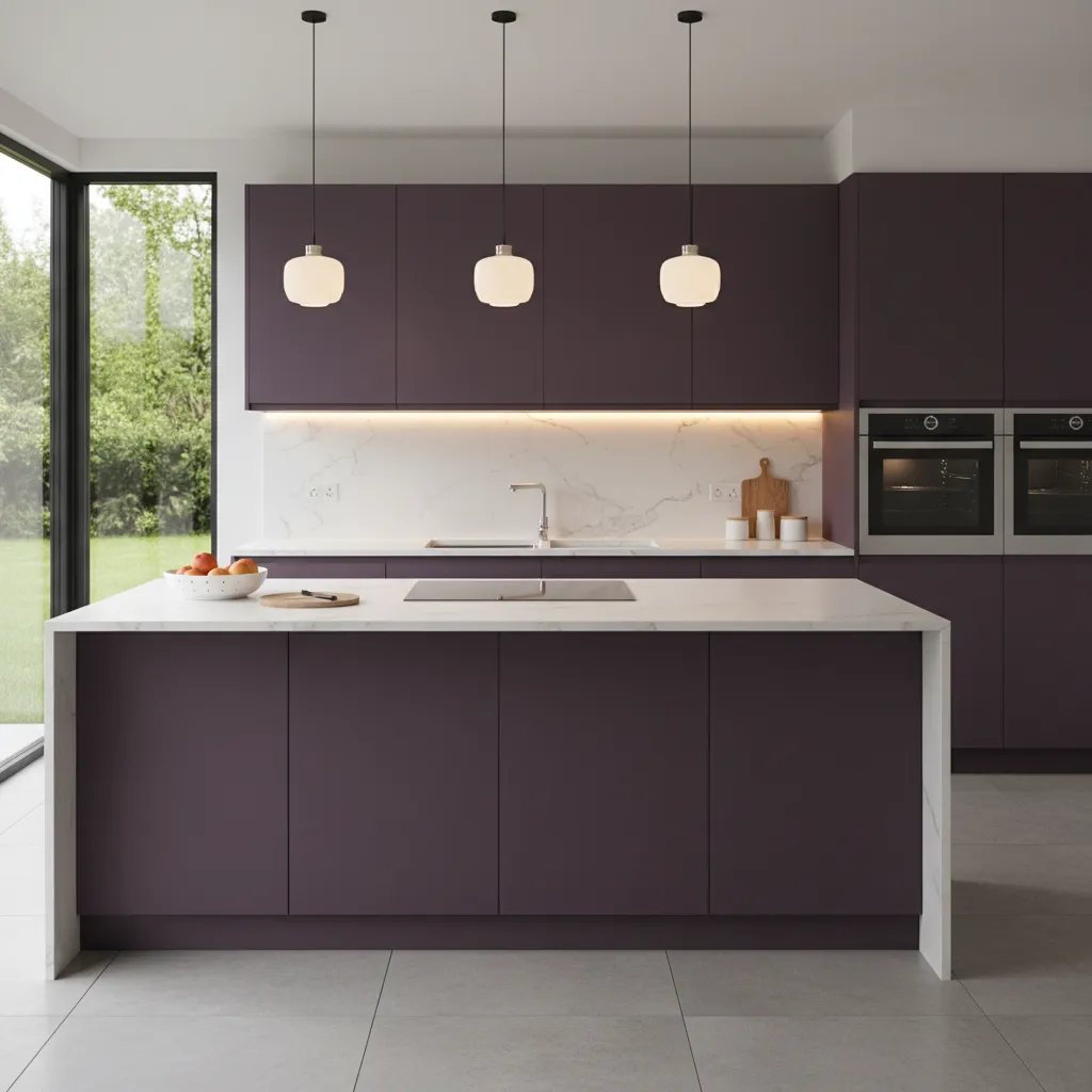 Gabinetes de cocina color berenjena combinados con encimera clara