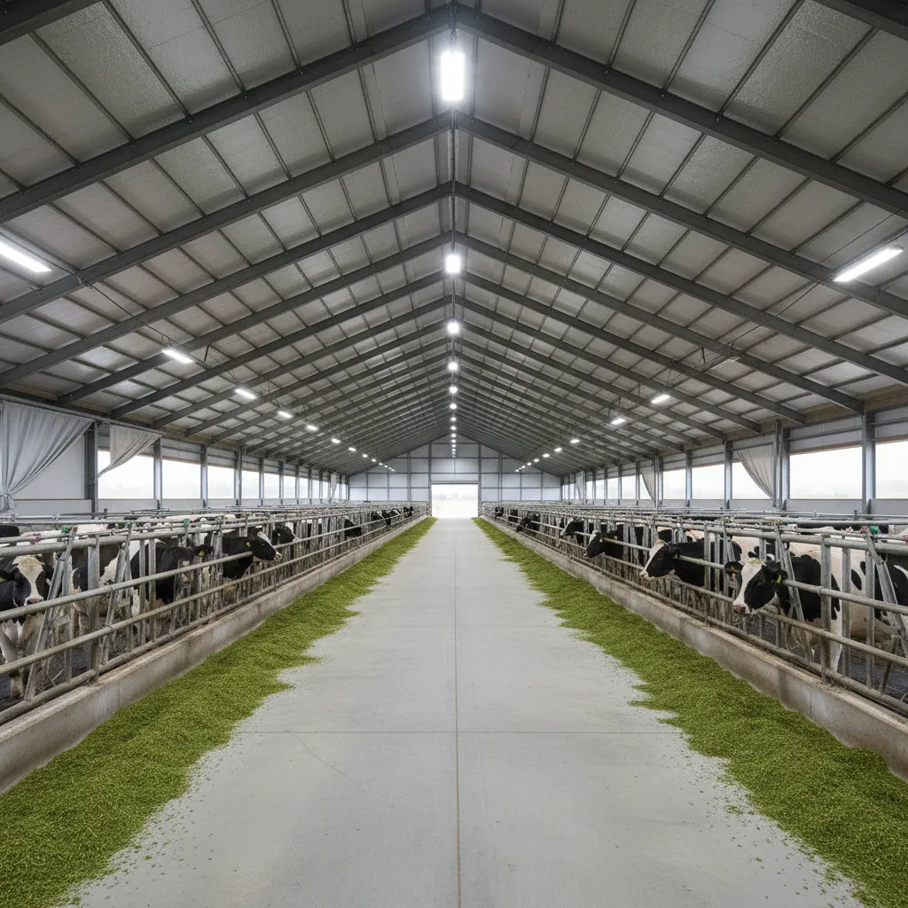 Interior of gable roof cattle barn with central feed alley and pens on both sides