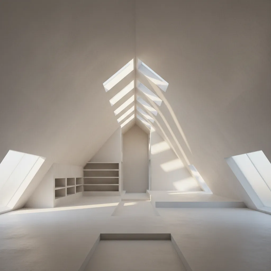 Minimalist attic interior design drawing with white walls roof windows and built in shelves with sunlight