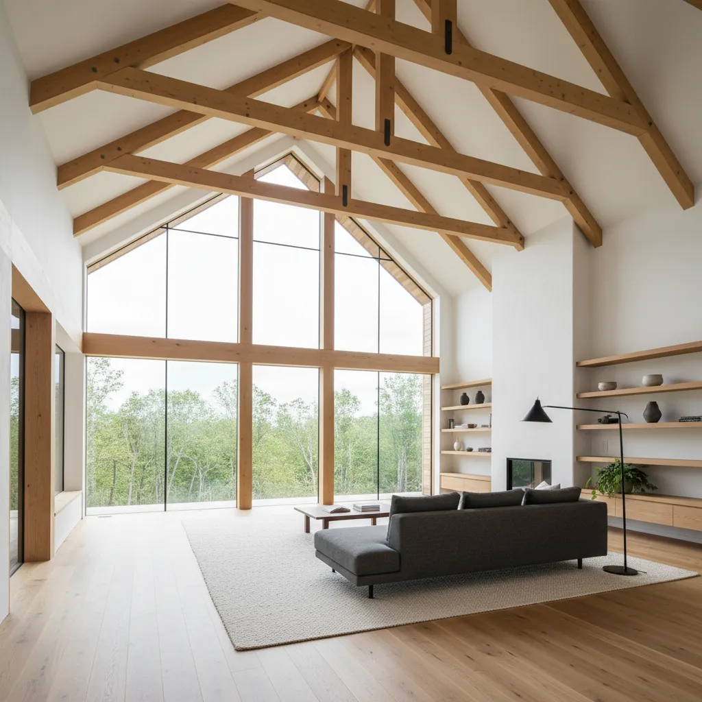 Interior con doble altura bajo techo a dos aguas