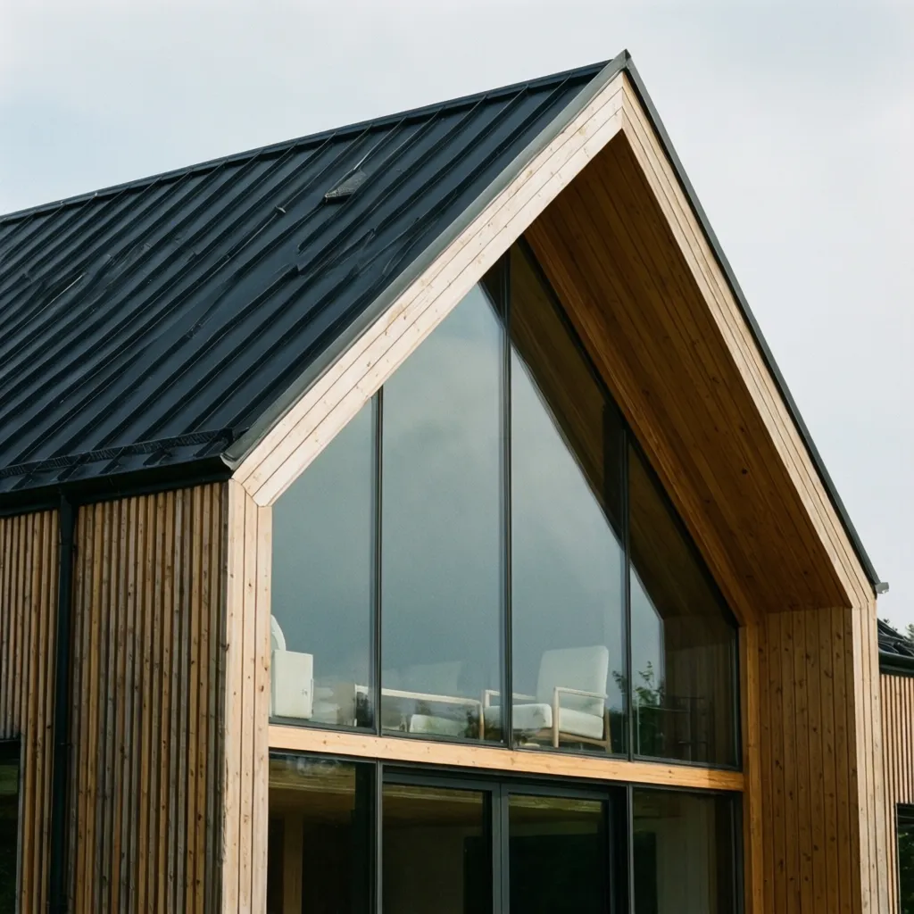 Detalle de materiales modernos en casa con techo a dos aguas