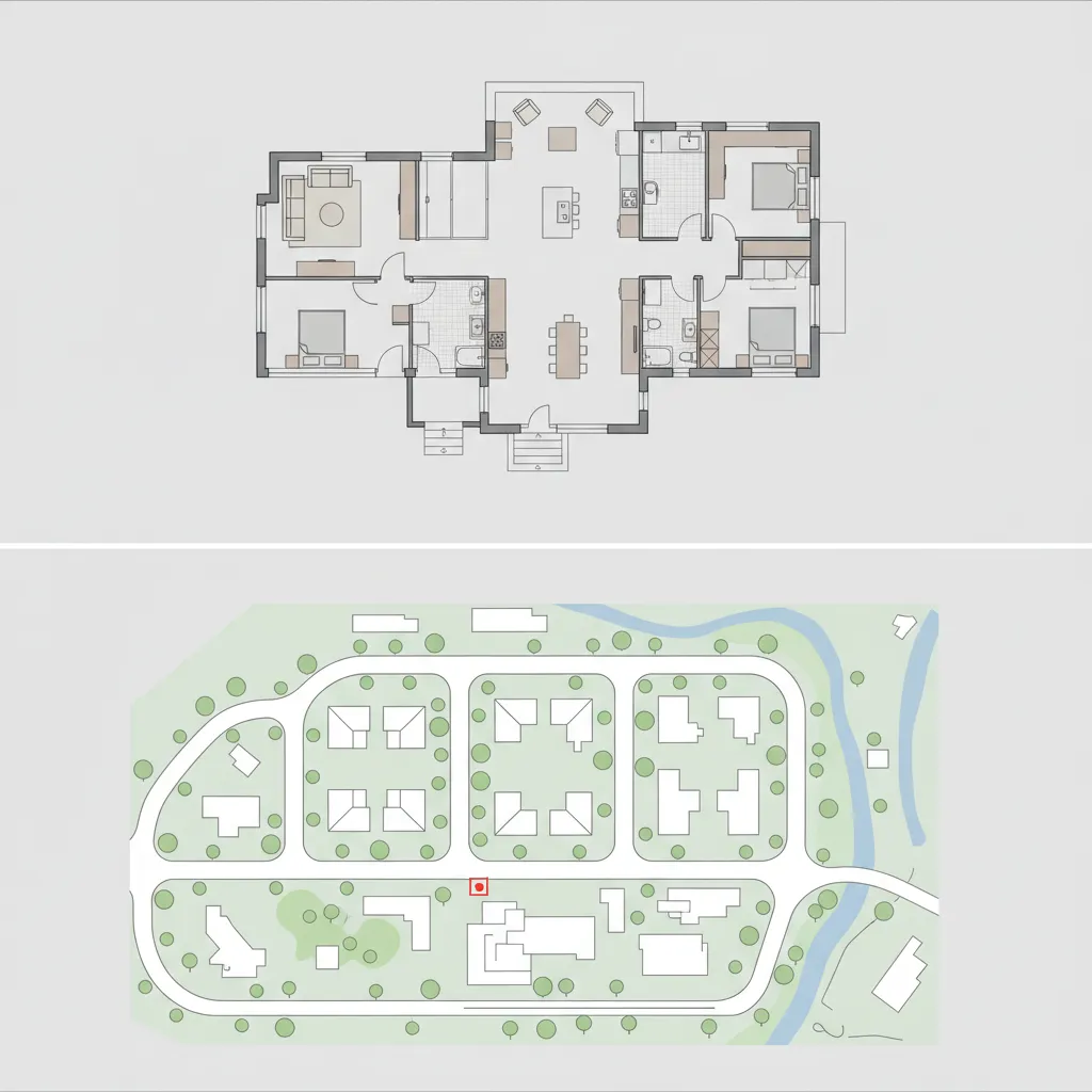 Ilustrasi gabungan denah rumah dan peta lokasi
