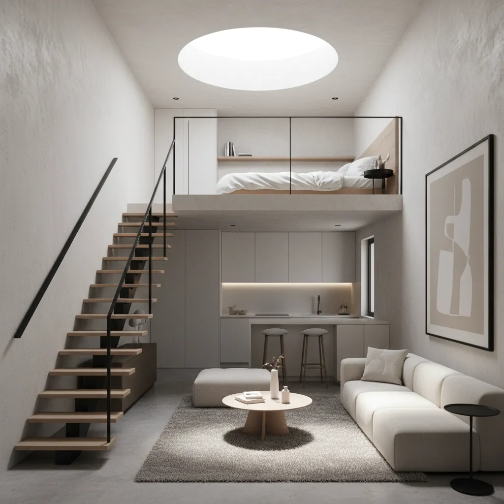 Modern loft apartment with stairs bed on upper floor white sofa kitchen round roof window