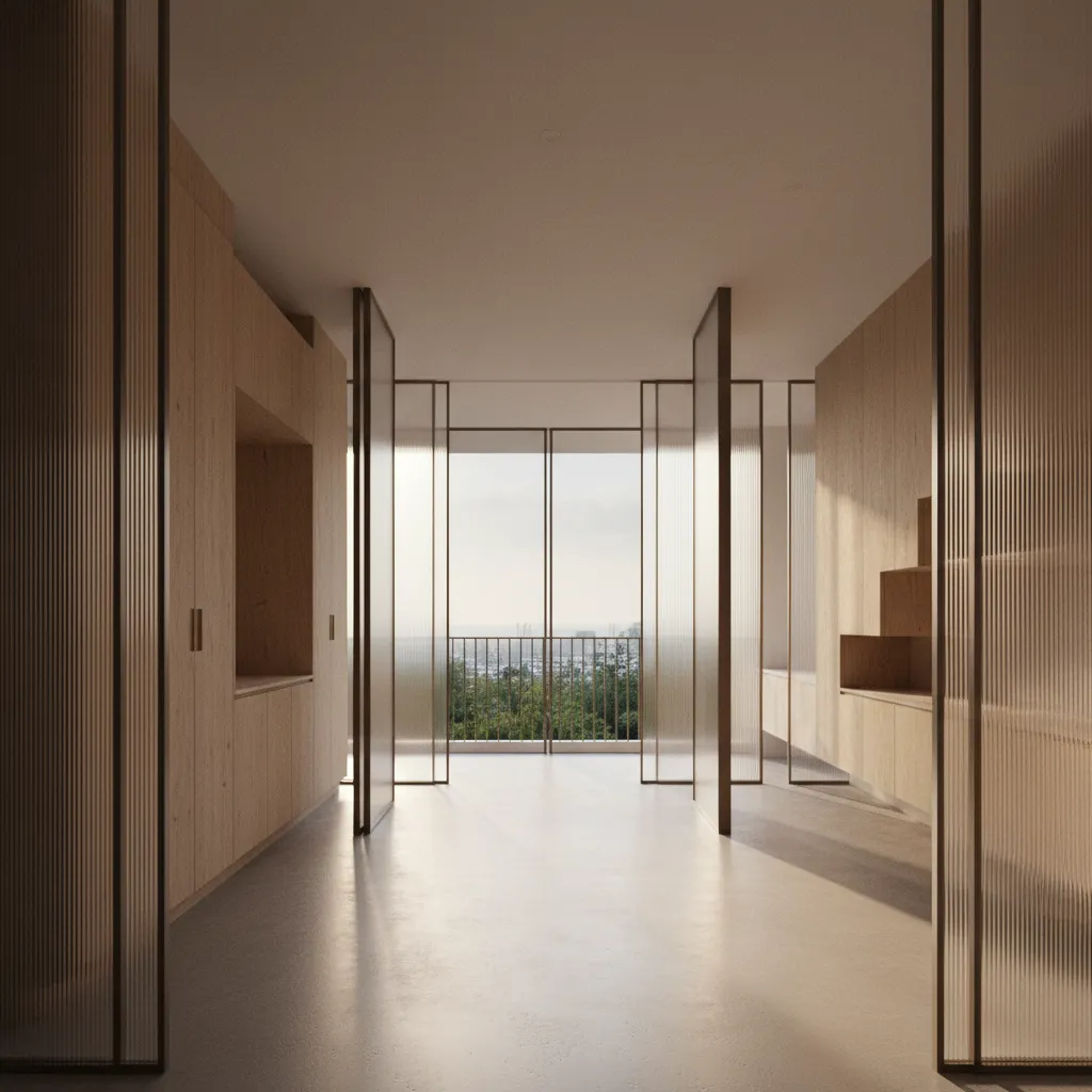 Interior design drawing of a modern hallway with wooden wall panels, glass partitions, and balcony