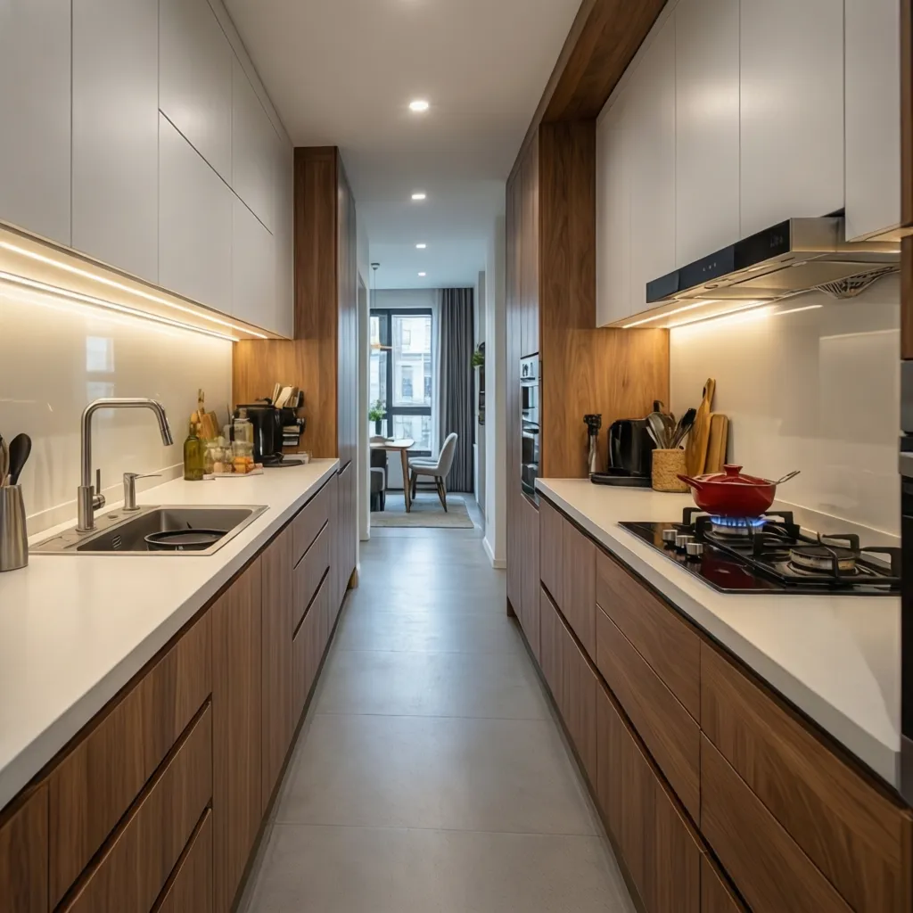 Cocina galera luminosa con iluminación bajo muebles