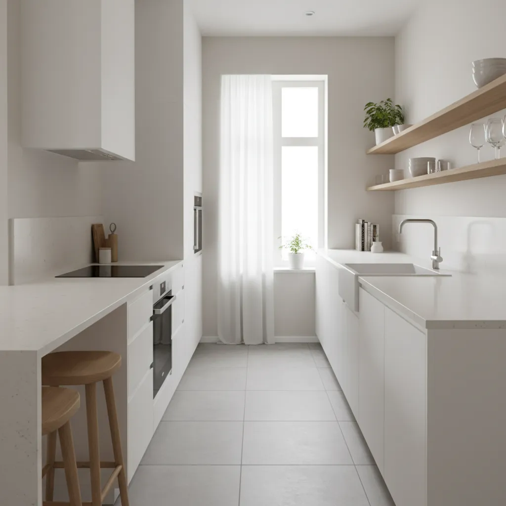 Cocina galera minimalista con electrodomésticos integrados