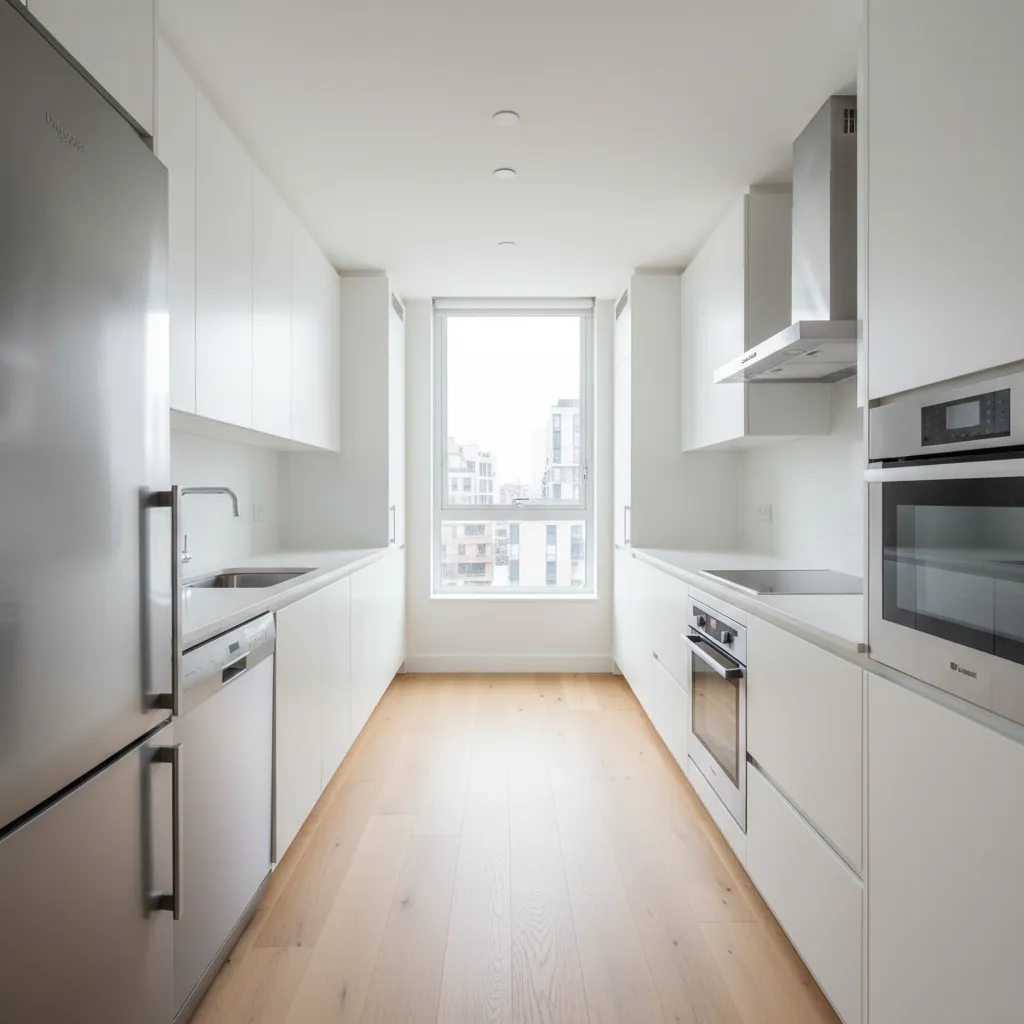 Cocina tipo galera con dos líneas paralelas de muebles