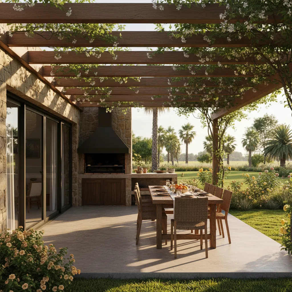 Outdoor patio under a wooden roof with stone grill, wooden dining table, and garden view