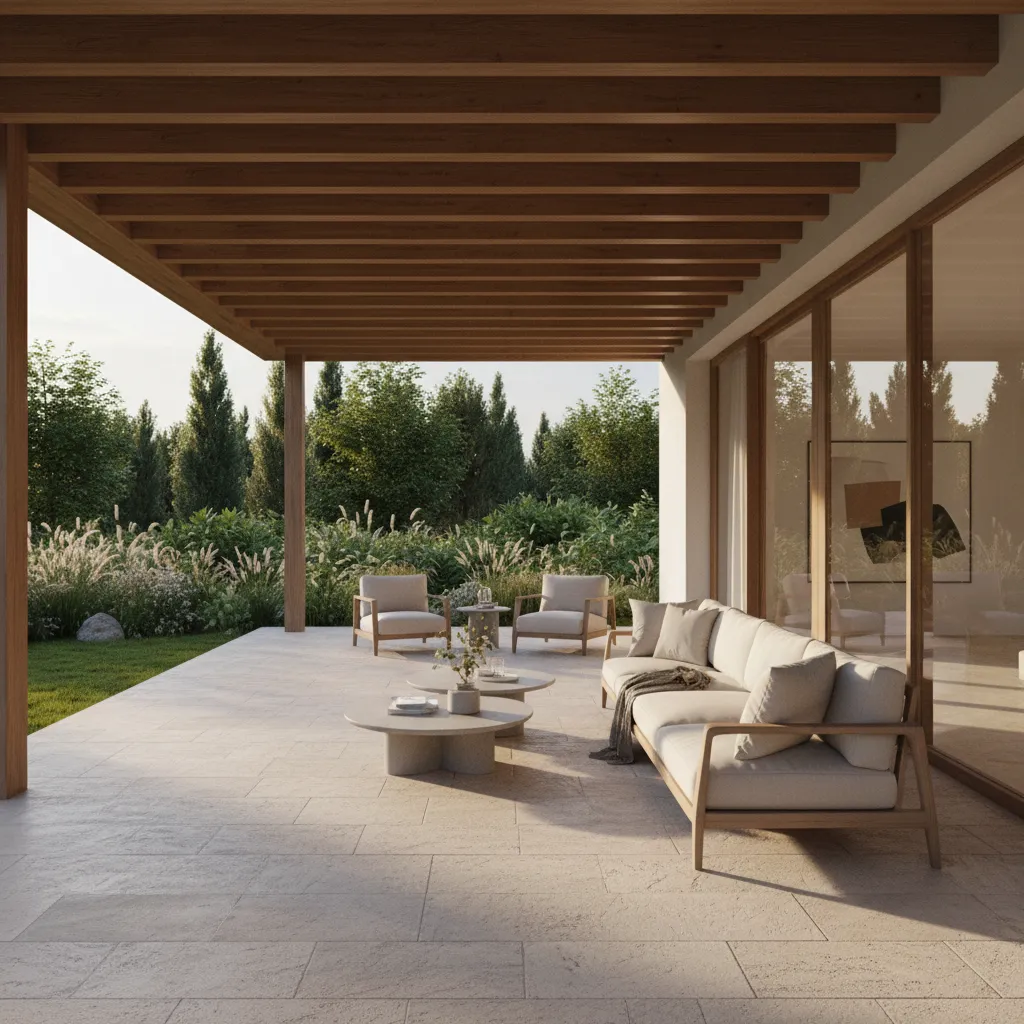 Minimalist outdoor patio with a long white sofa and two chairs under wooden roof frame