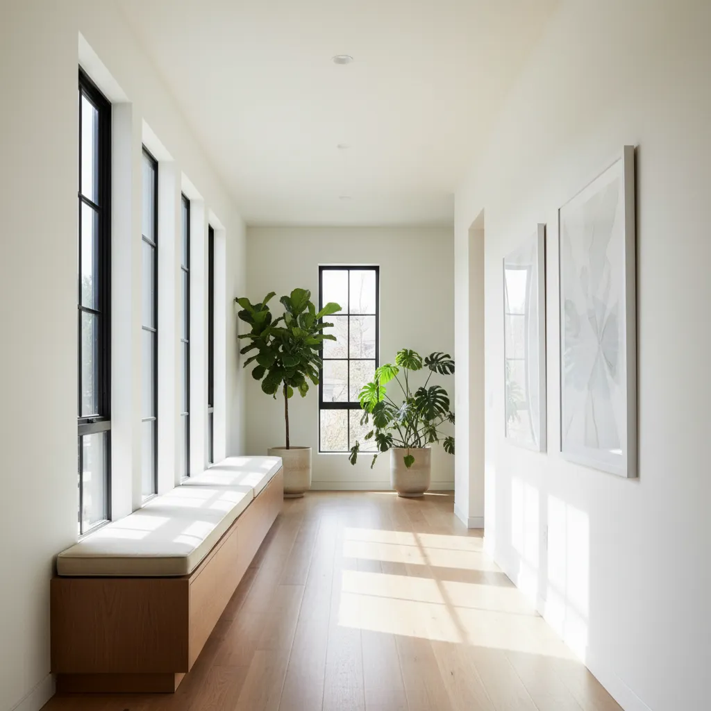 Galería de casa larga con ventanas y banco de madera