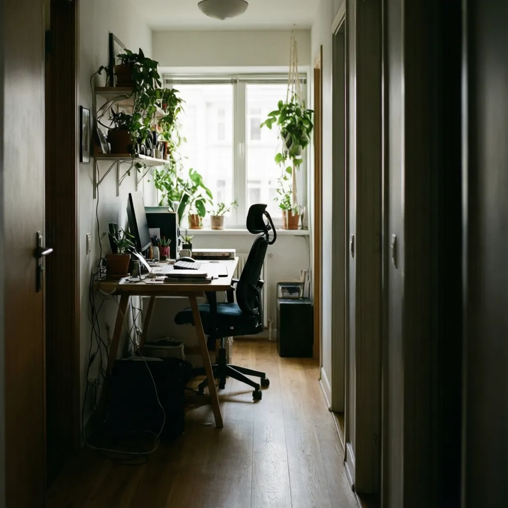 Pequeña galería de apartamento con escritorio y plantas