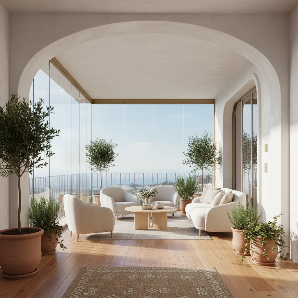 Bright balcony with white sofa and chairs under white arch overlooking sea with potted plants