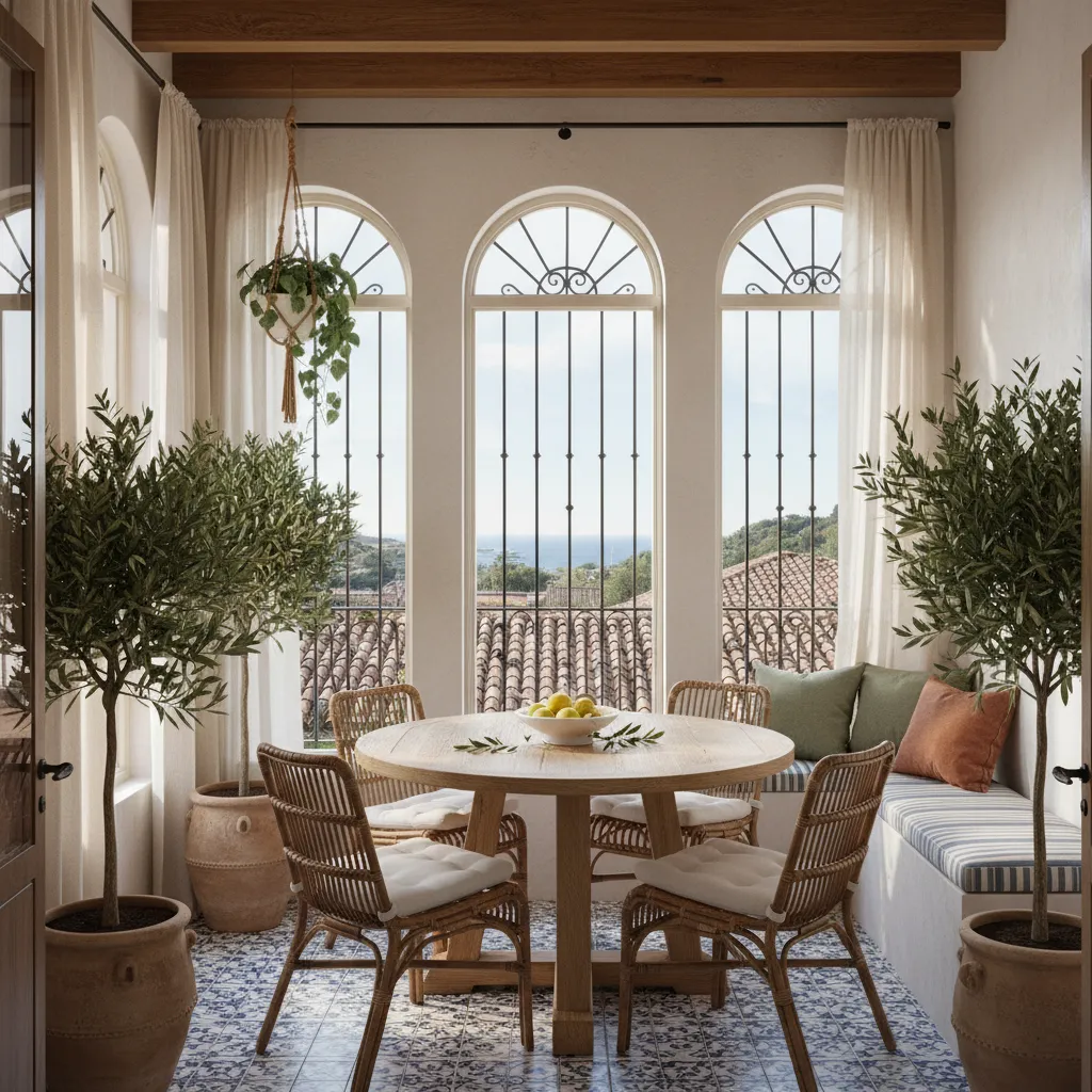 Bright dining room with wooden table rattan chairs blue floor tiles and three arched windows