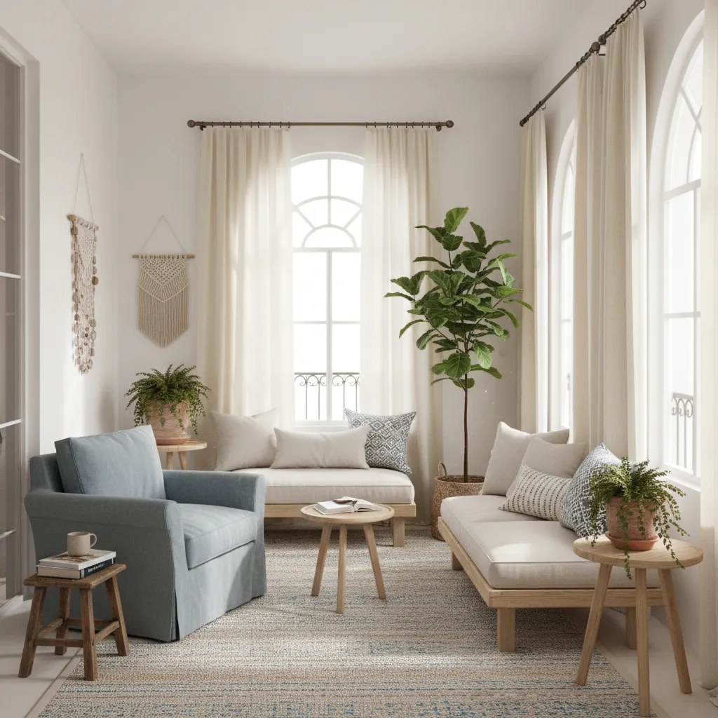 Mediterranean living room with blue armchair cream sofas wooden side tables and large green plant