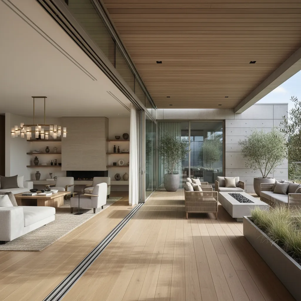 Modern living room with ceiling light and fireplace opening onto a deck with outdoor seating