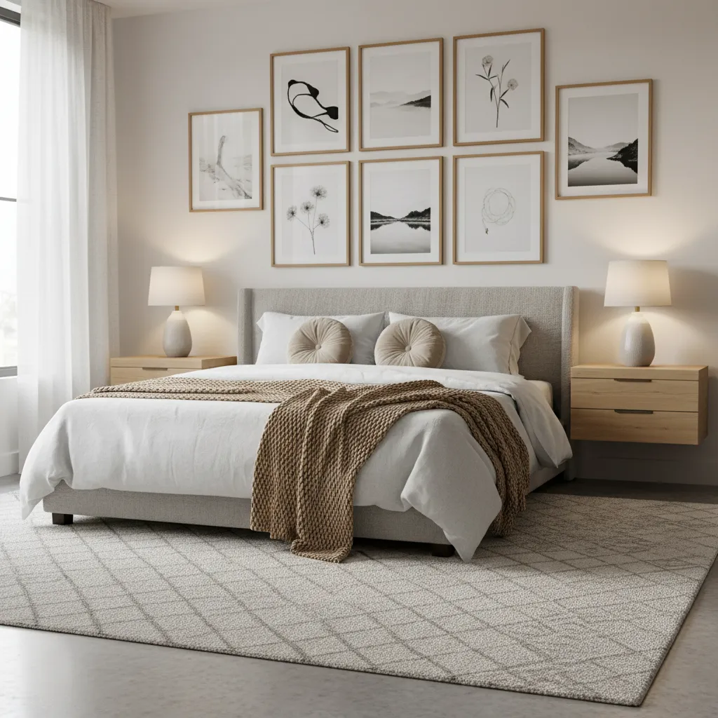 Modern bedroom with grey bed, seven framed wall pictures, two wooden side tables, and rug
