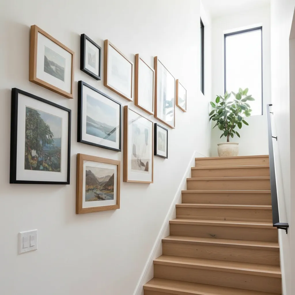 Galería de cuadros alineados en pared de escalera