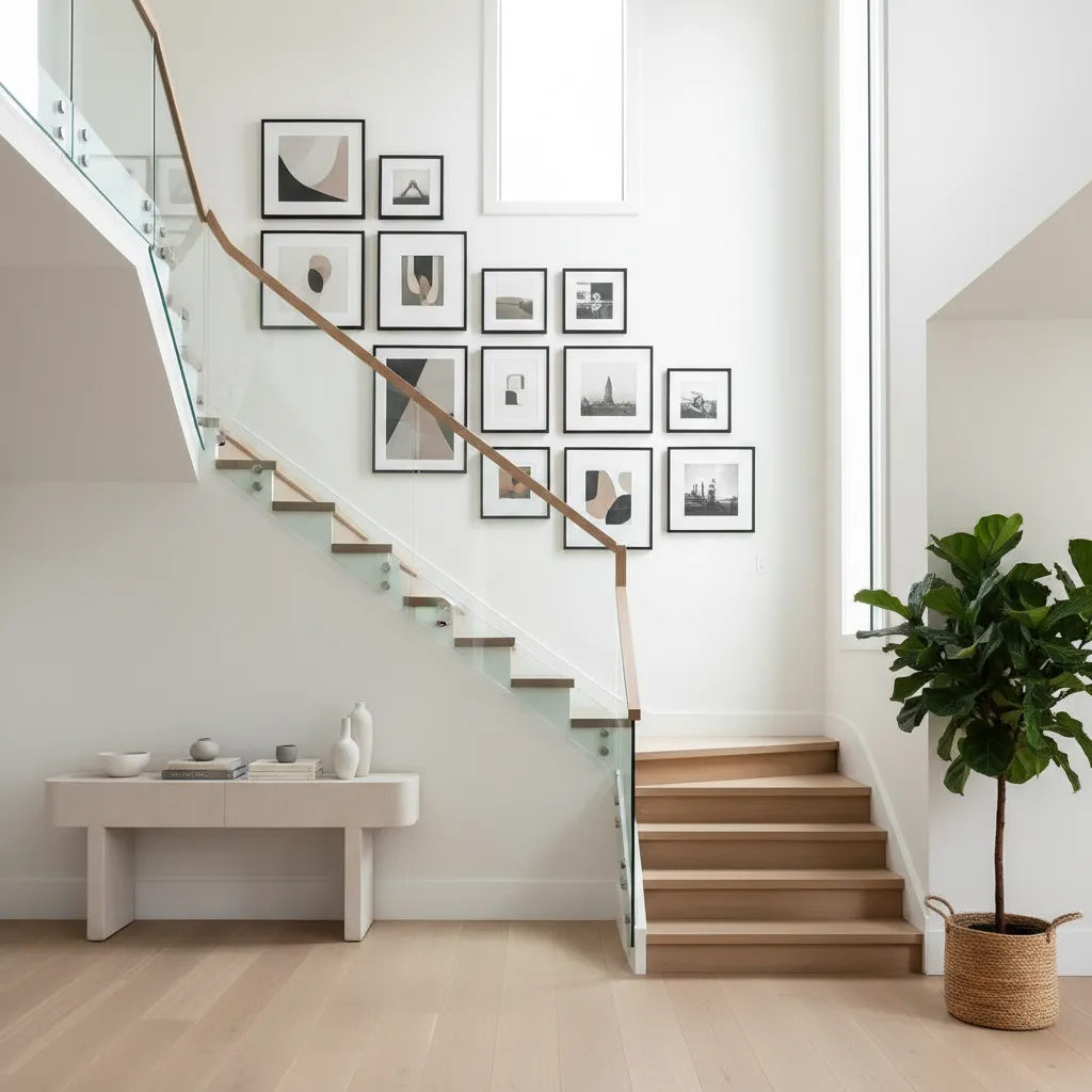 Galería de cuadros siguiendo la inclinación de una escalera interior