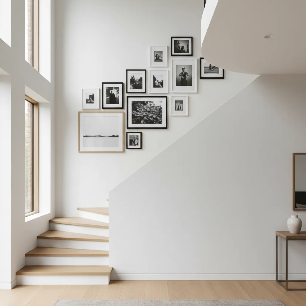 Minimalist staircase with wooden steps and a gallery wall of black and white framed photos
