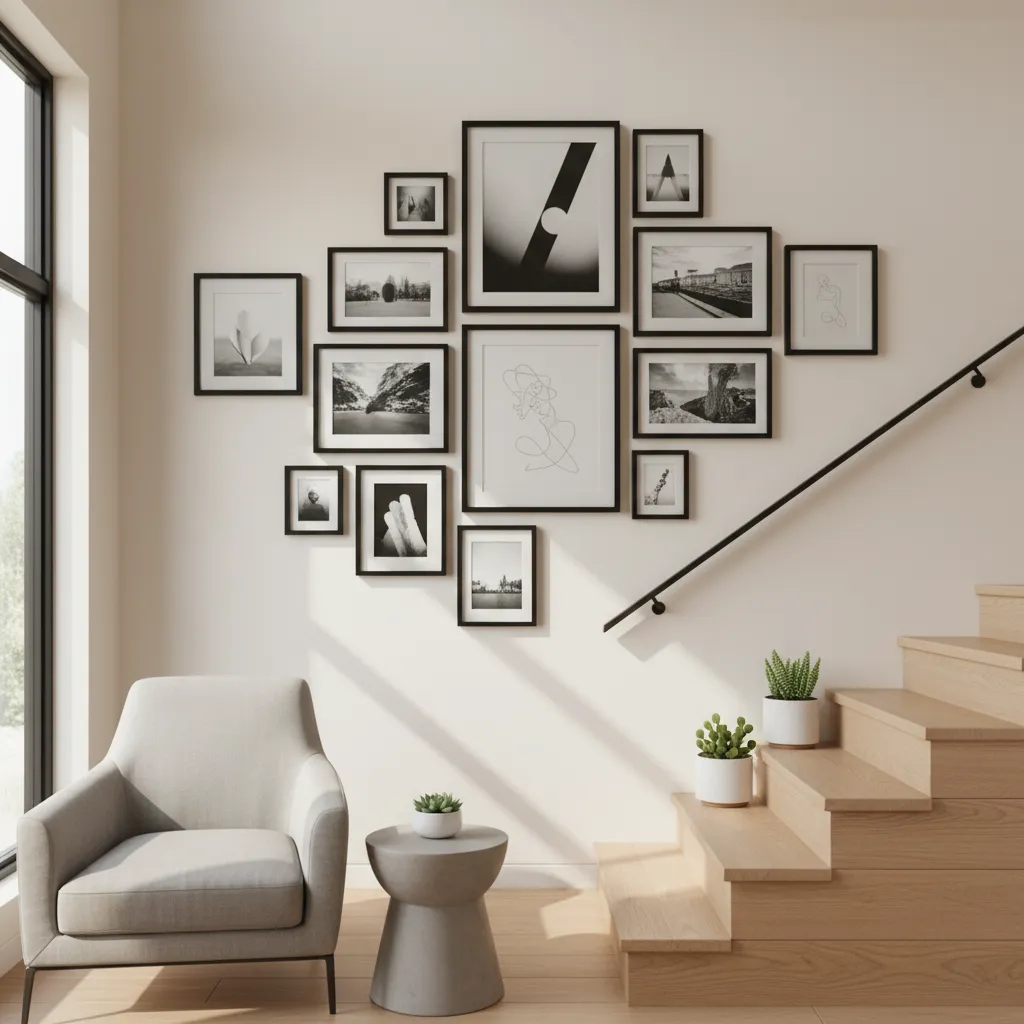 Galería de cuadros siguiendo la inclinación de una escalera interior