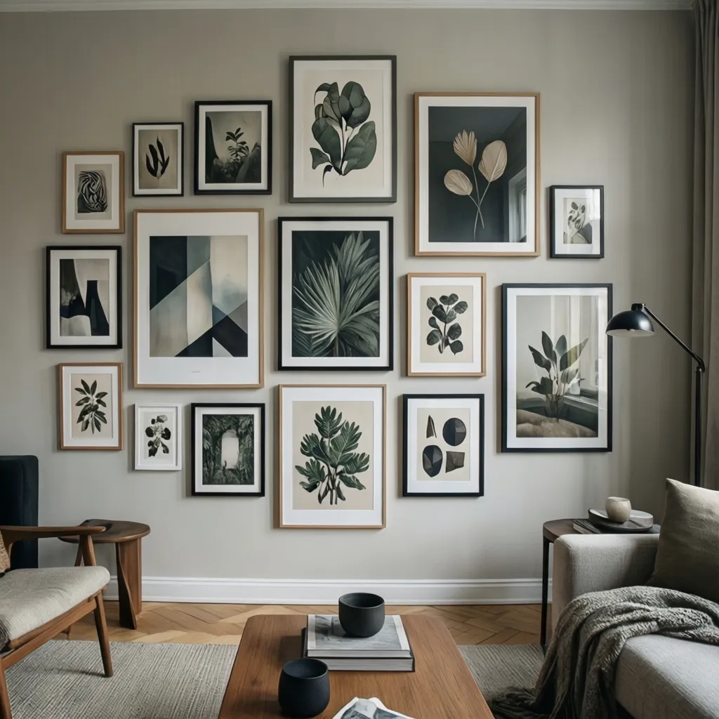 Composición de galería de cuadros en una pared del salón