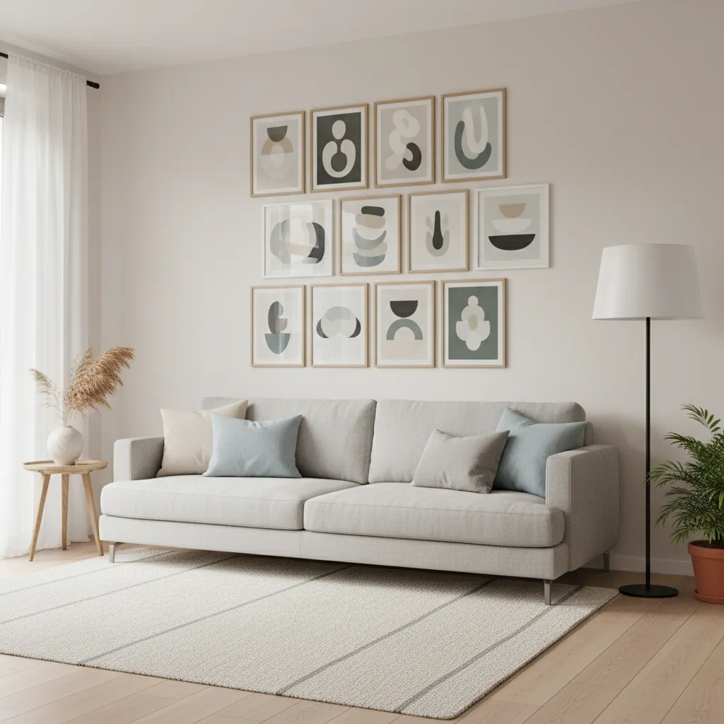 Pared de salón con galería organizada de cuadros modernos