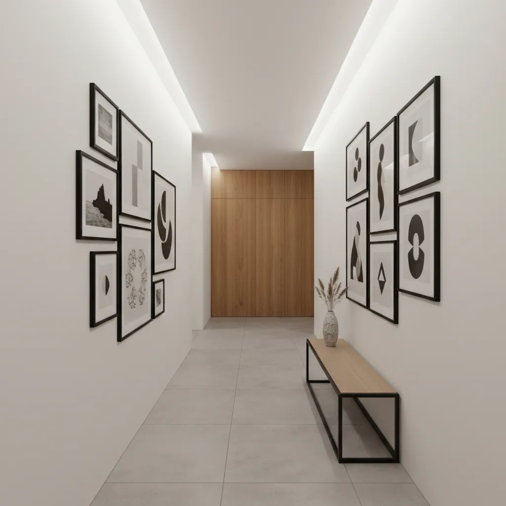 Pasillo con galería de cuadros minimalistas alineados