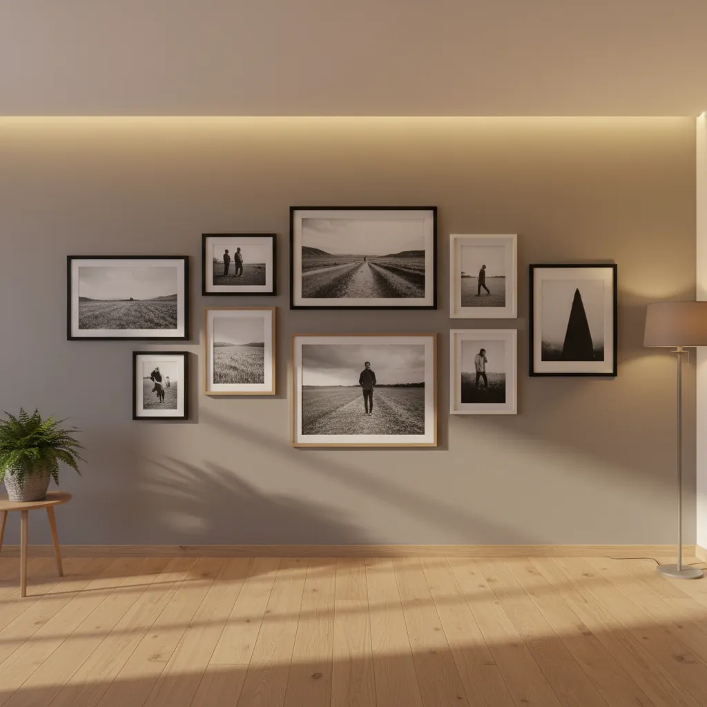 Gallery wall with framed photos above wooden floor with floor lamp and small green plant