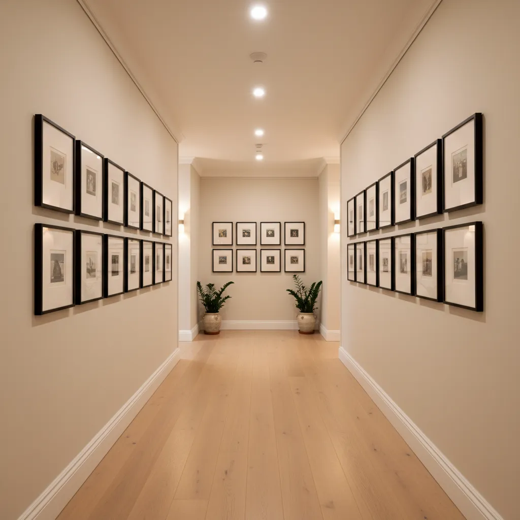 Galería de cuadros pequeños en un pasillo largo