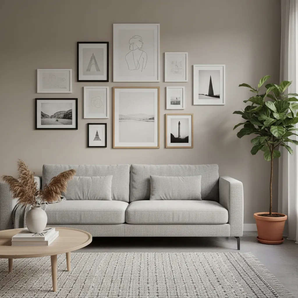 Galería de cuadros decorativos sobre sofá en sala moderna